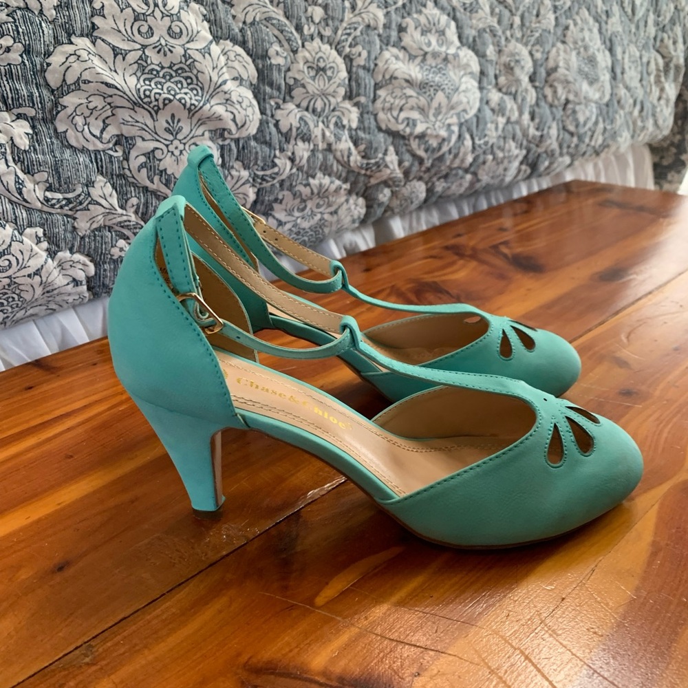 Chloe Women's Aqua T-Strap 3” Heels - Picture 2 of 2